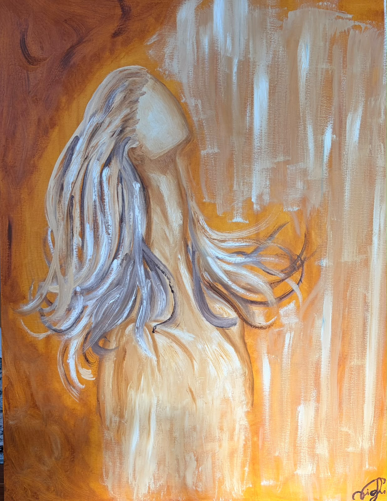 Pintura contemporânea de Viviane Coghi em tons terrosos, dourados e claros