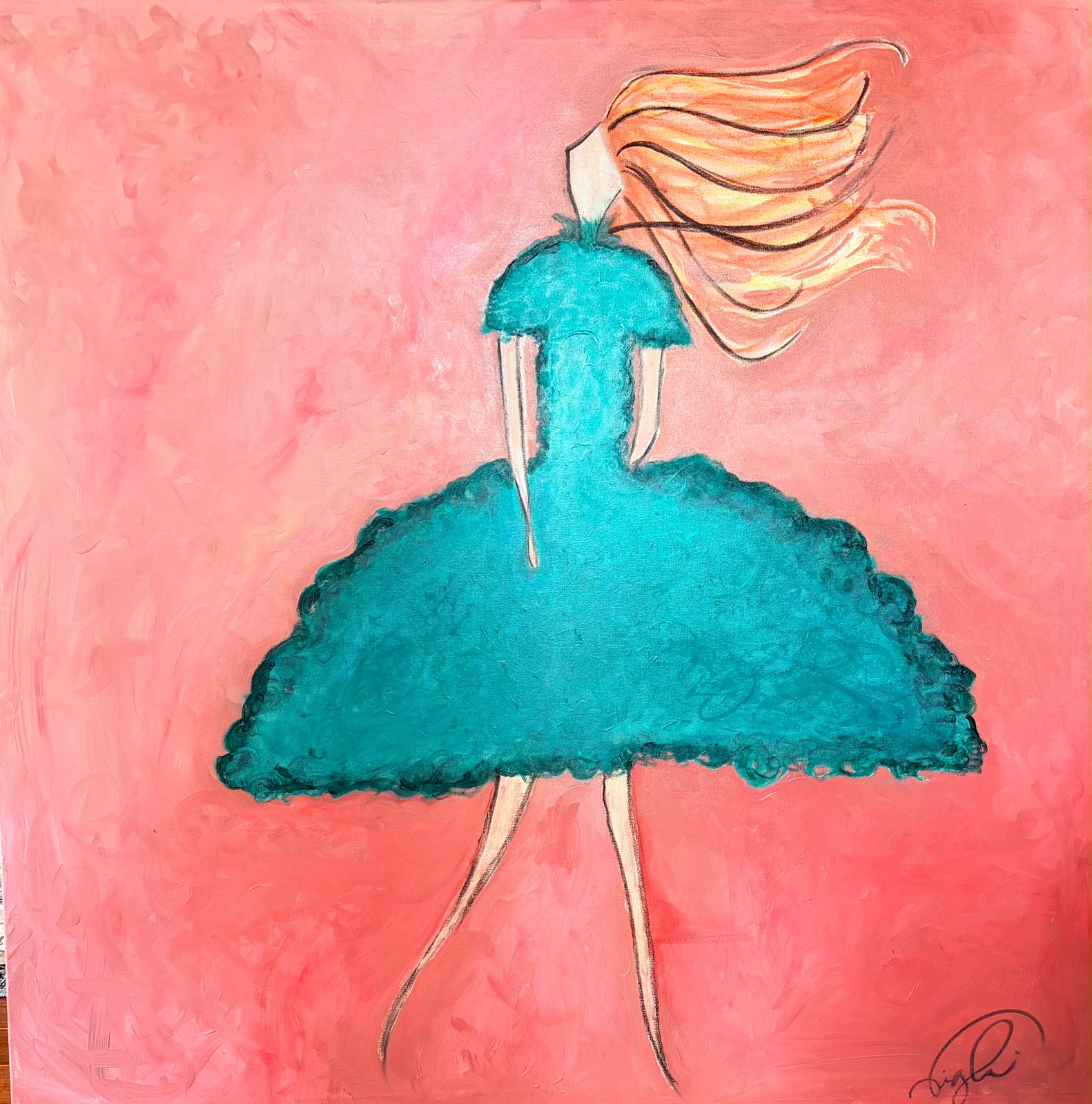 Pintura contemporânea de Viviane Coghi com figura feminina em vestido verde sobre fundo rosado